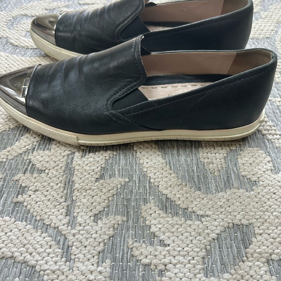 Miu Miu Black Leather Loafers with Silver Toe Caps - Picture 5 of 6